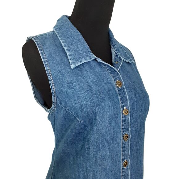 Vintage Y2K Denim Shirt Dress Sleeveless Med Blue Wash Jean Mini Dress Womens M - Picture 3 of 9